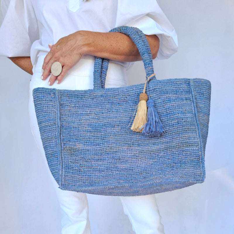 Mae French Blue Raffia Tote
