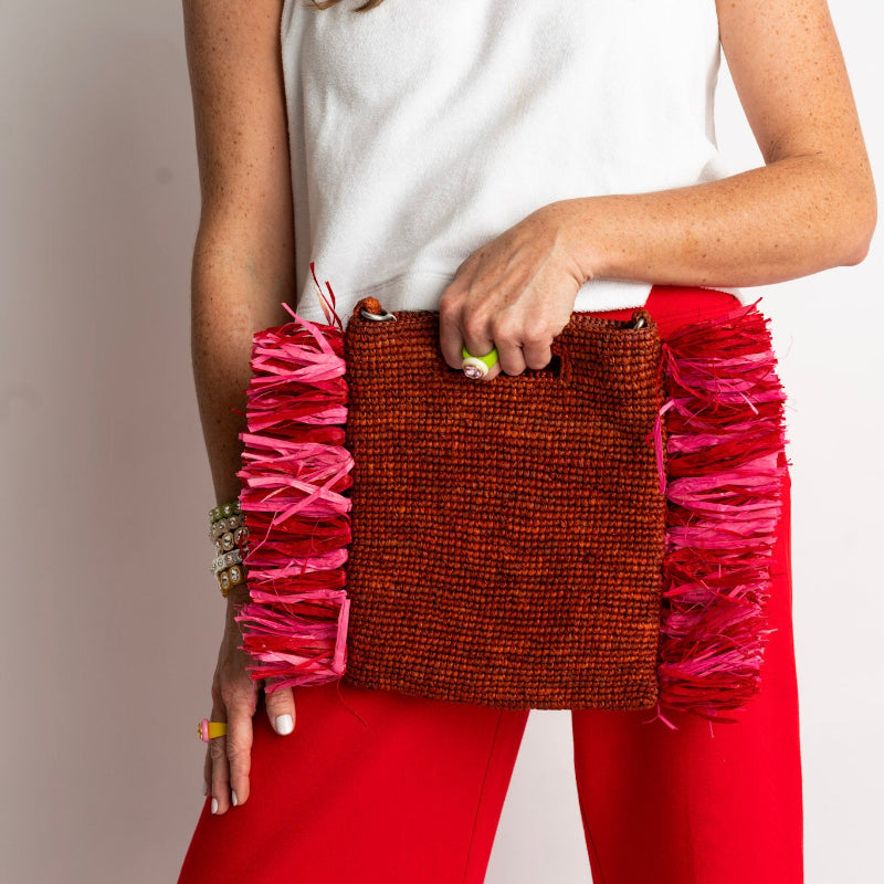 Remi Red and Pink Fringe Raffia Bag
