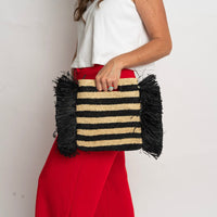 Remi Black and White Fringe Raffia Bag