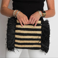 Remi Black and White Fringe Raffia Bag