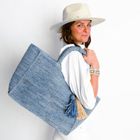 Mae French Blue Raffia Tote