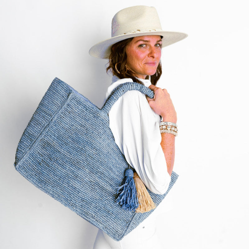Mae French Blue Raffia Tote