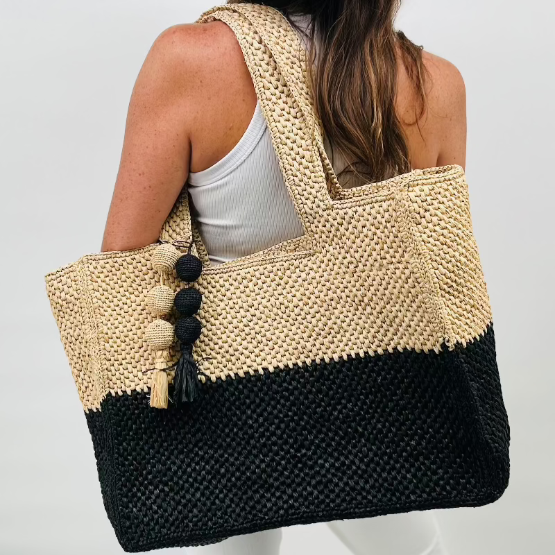 Soleil Black and Hay Raffia Bag