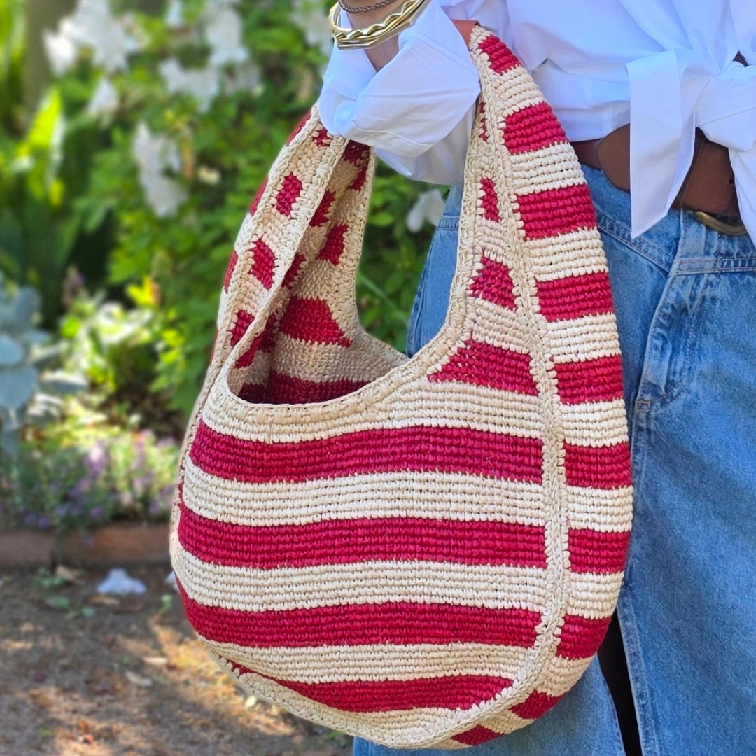Cherry Red and Hay Striped Isla Raffia Bag