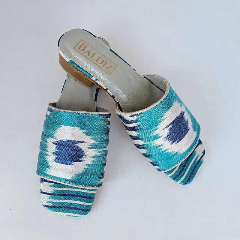 Blue and White Silk Millie Open Toe Slide