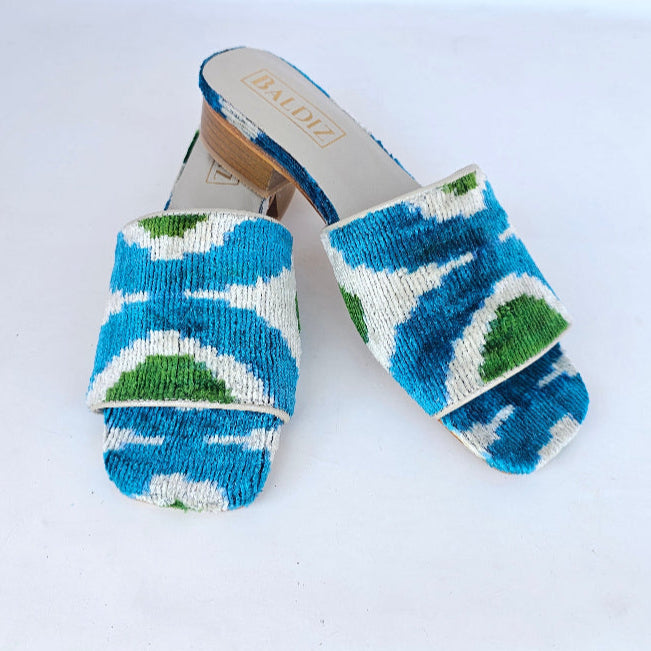 Blue and White with Green Dot Millie Open Toe Slide