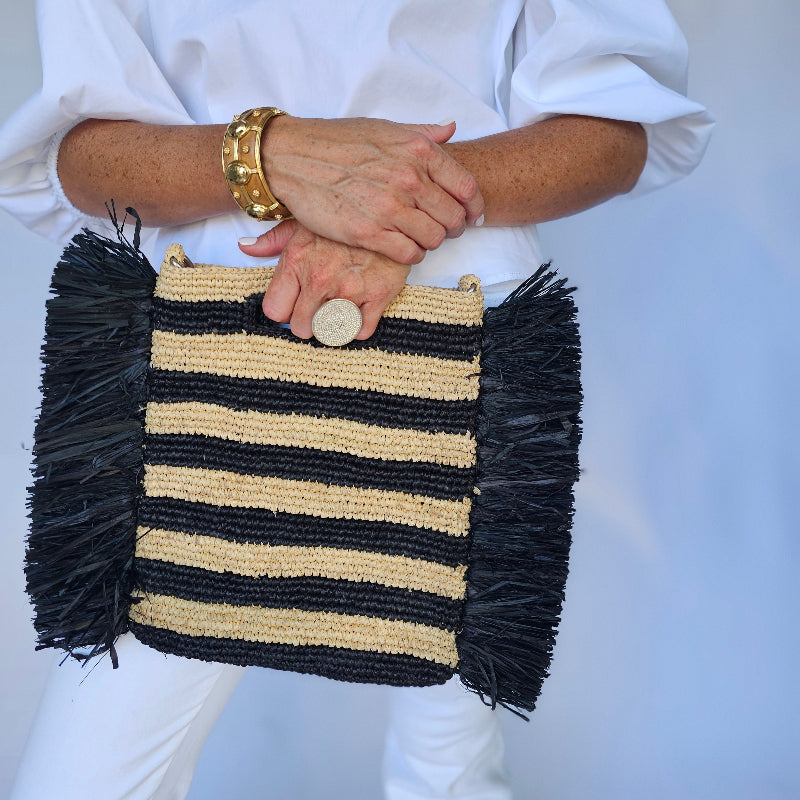 Remi Black and White Fringe Raffia Bag