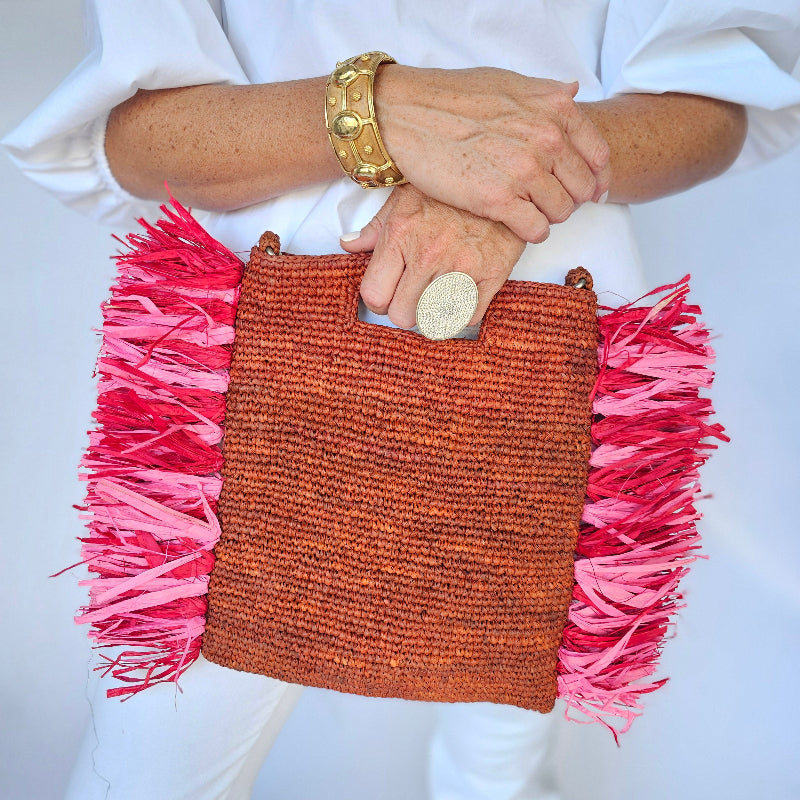 Remi Red and Pink Fringe Raffia Bag