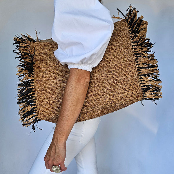 Lola Black and White Fringe Raffia Tote