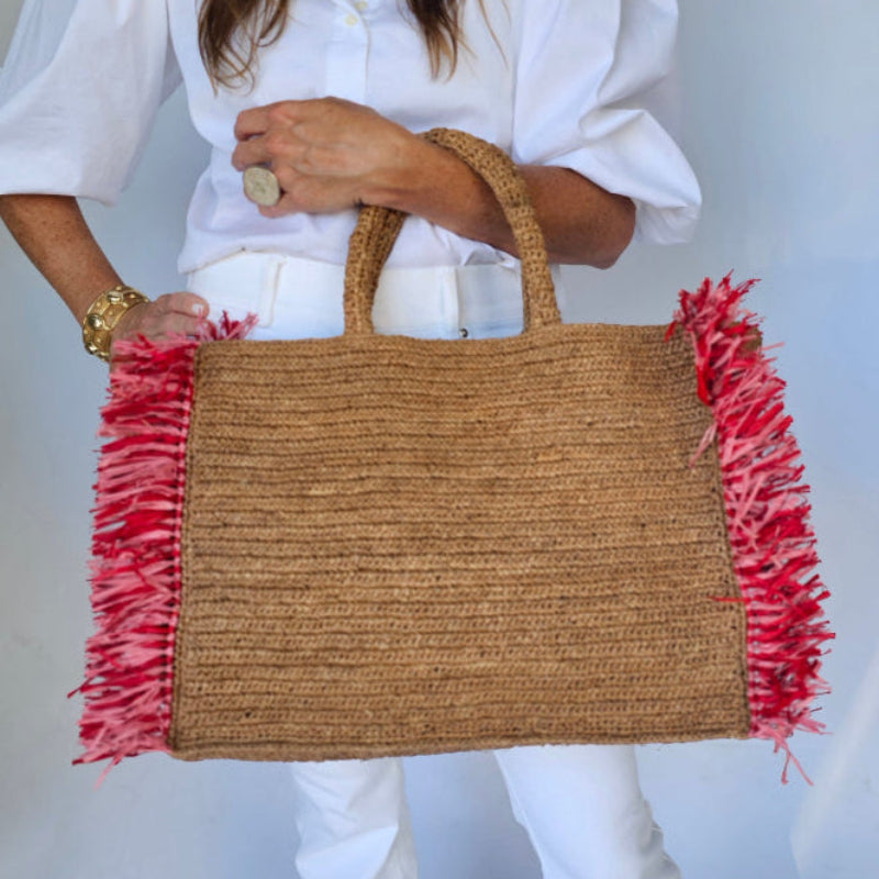 Lola Pink and Red Fringe Raffia Tote