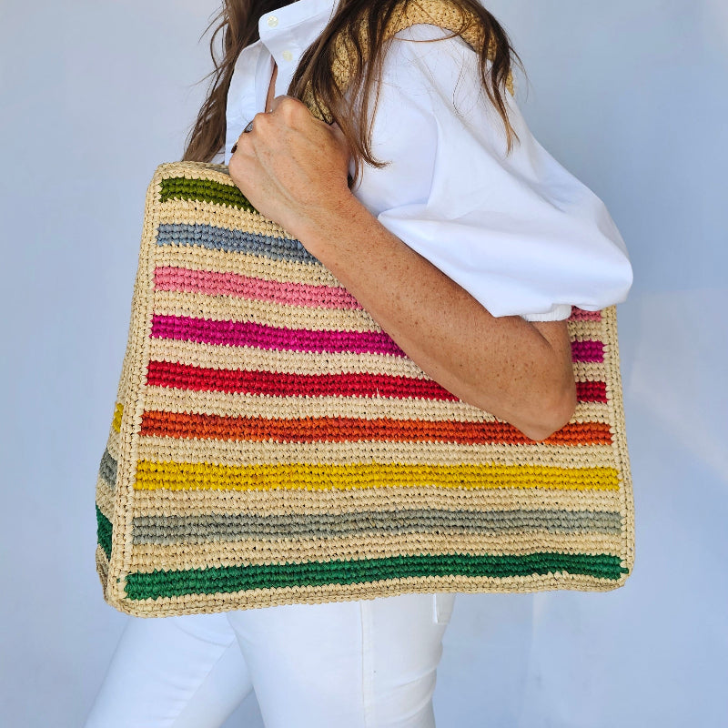 Mae Rainbow Raffia Tote