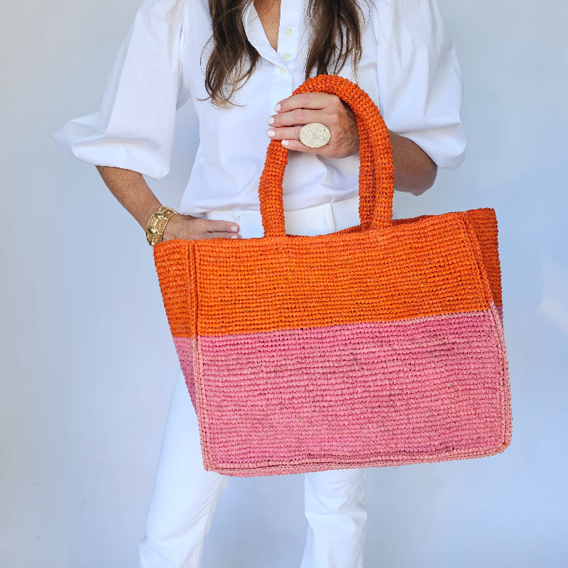 Mae Orange and Pink Raffia Tote