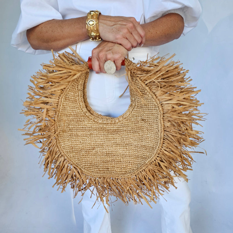 Isla Fringe Round Natual Raffia Bag