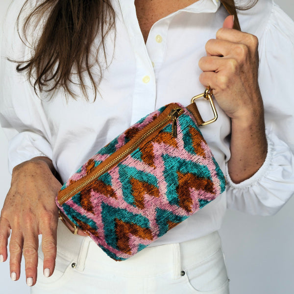 Caramel Turquoise and Pink Patterned Mini Emmie Crossbody