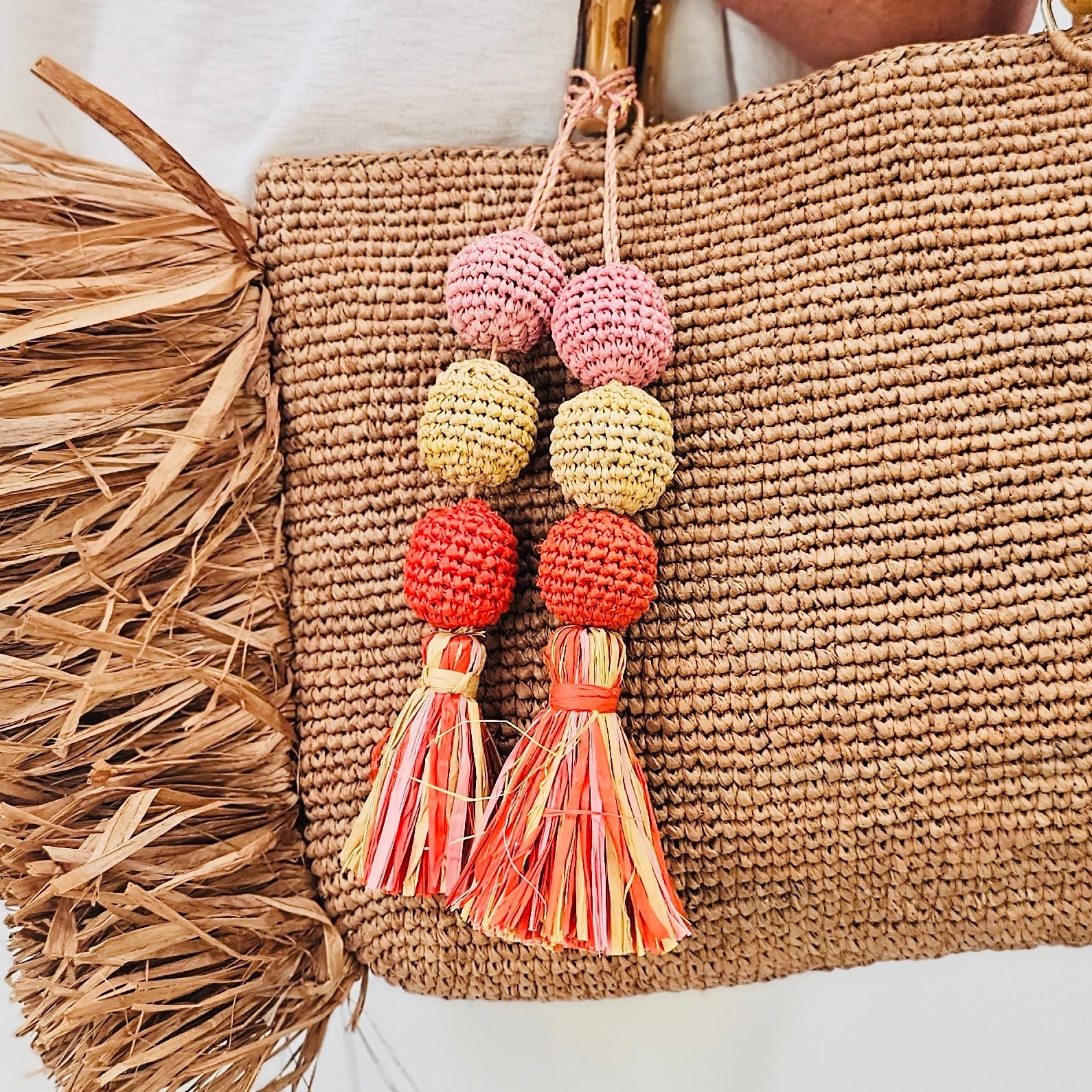 Pastel Pink and Yellow Ball Raffia Bag Charm