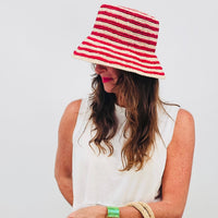 Red and Hay Striped Beau Raffia Bucket Hat