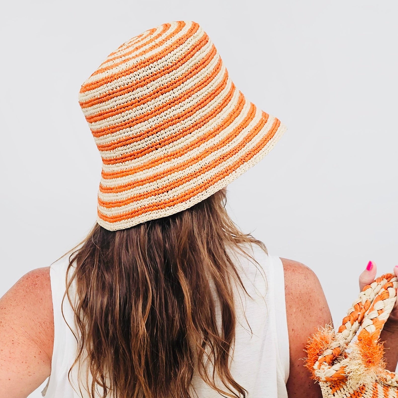 Orange and Hay Striped Beau Raffia Bucket Hat
