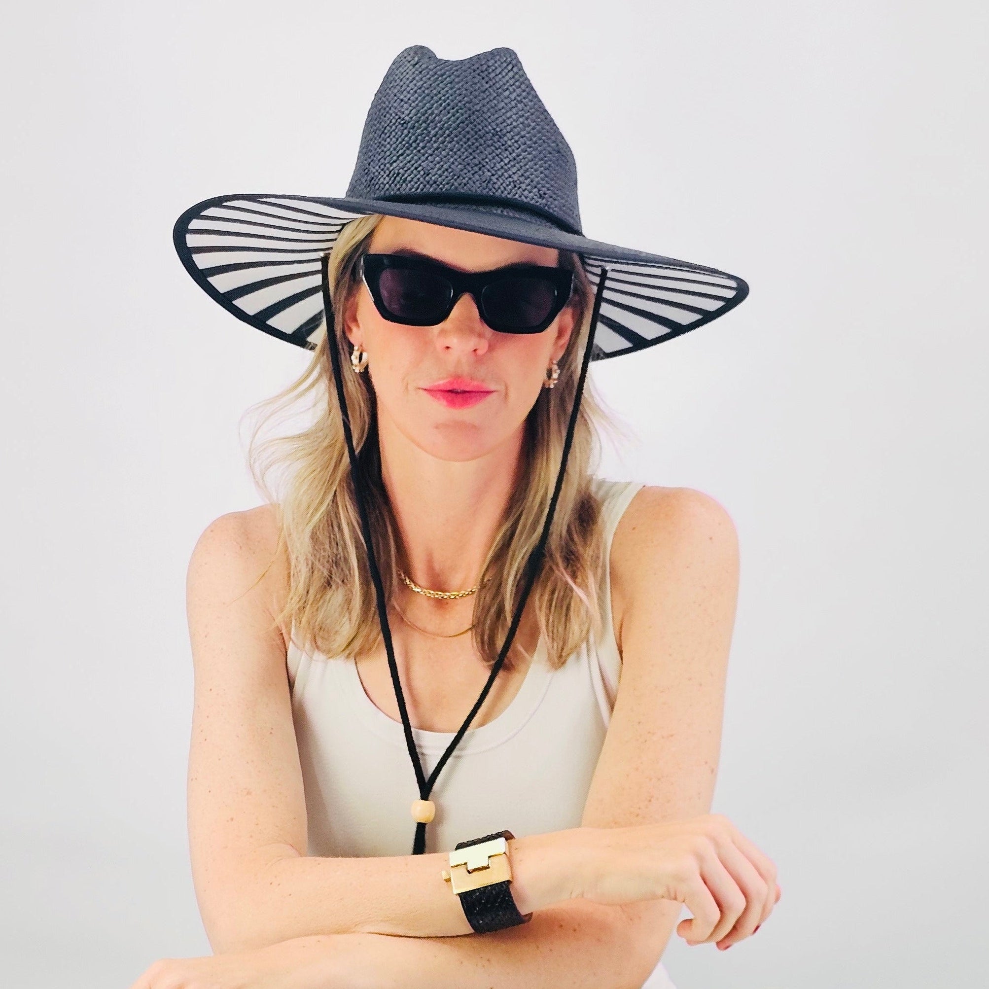 Baldiz Black Sun Hat with Stripes