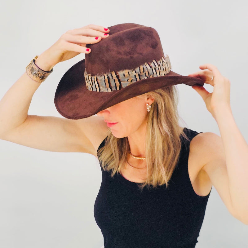 Chocolate Suede Cowboy Hat with Feather