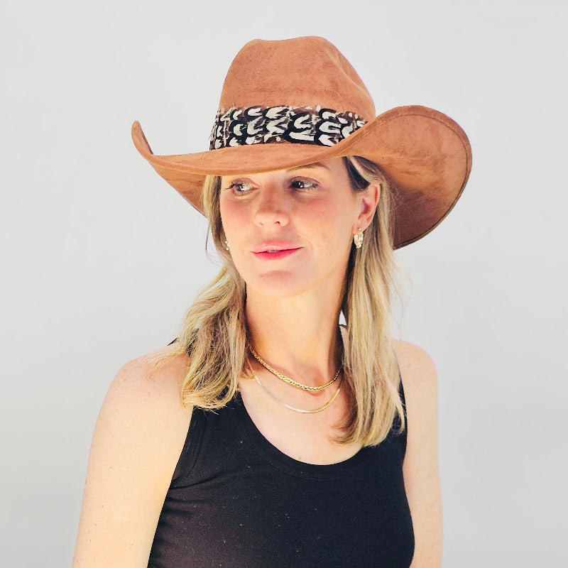 Brown Suede Cowboy Hat with Feather