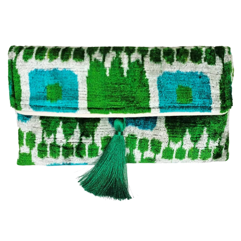 Blue and Green Lily Tassel Clutch