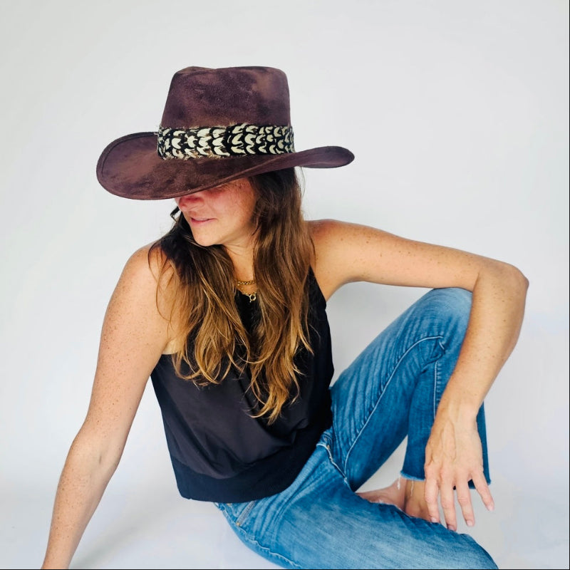 Chocolate Suede Cowboy Hat with Feather
