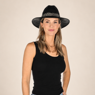 Suede Hat with Black and White Dot Feather