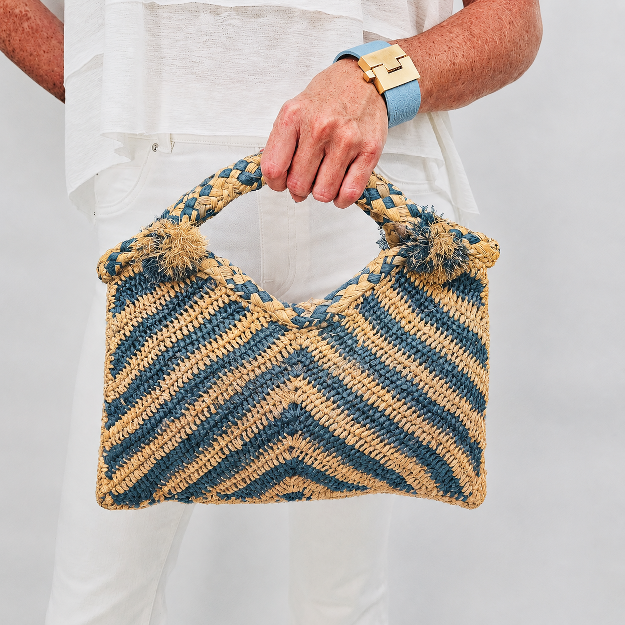 Mila French Blue and Hay Raffia Tote