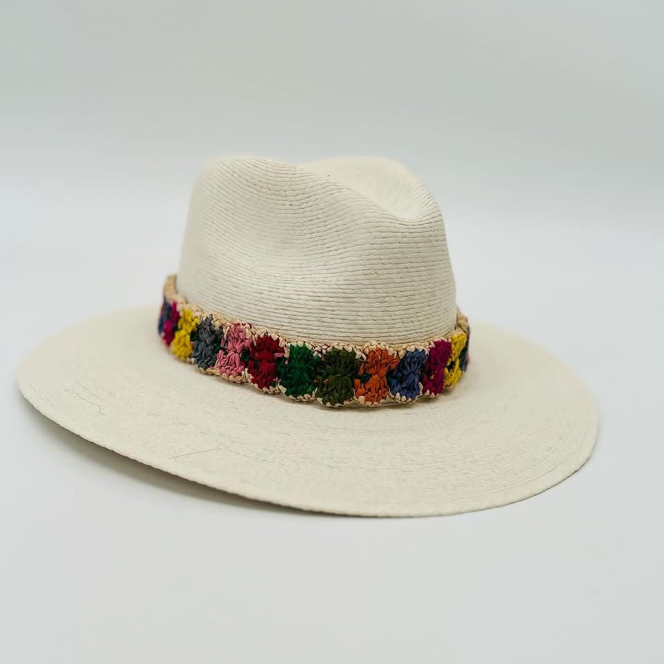 Baldiz Rainbow Raffia White Palm Hat