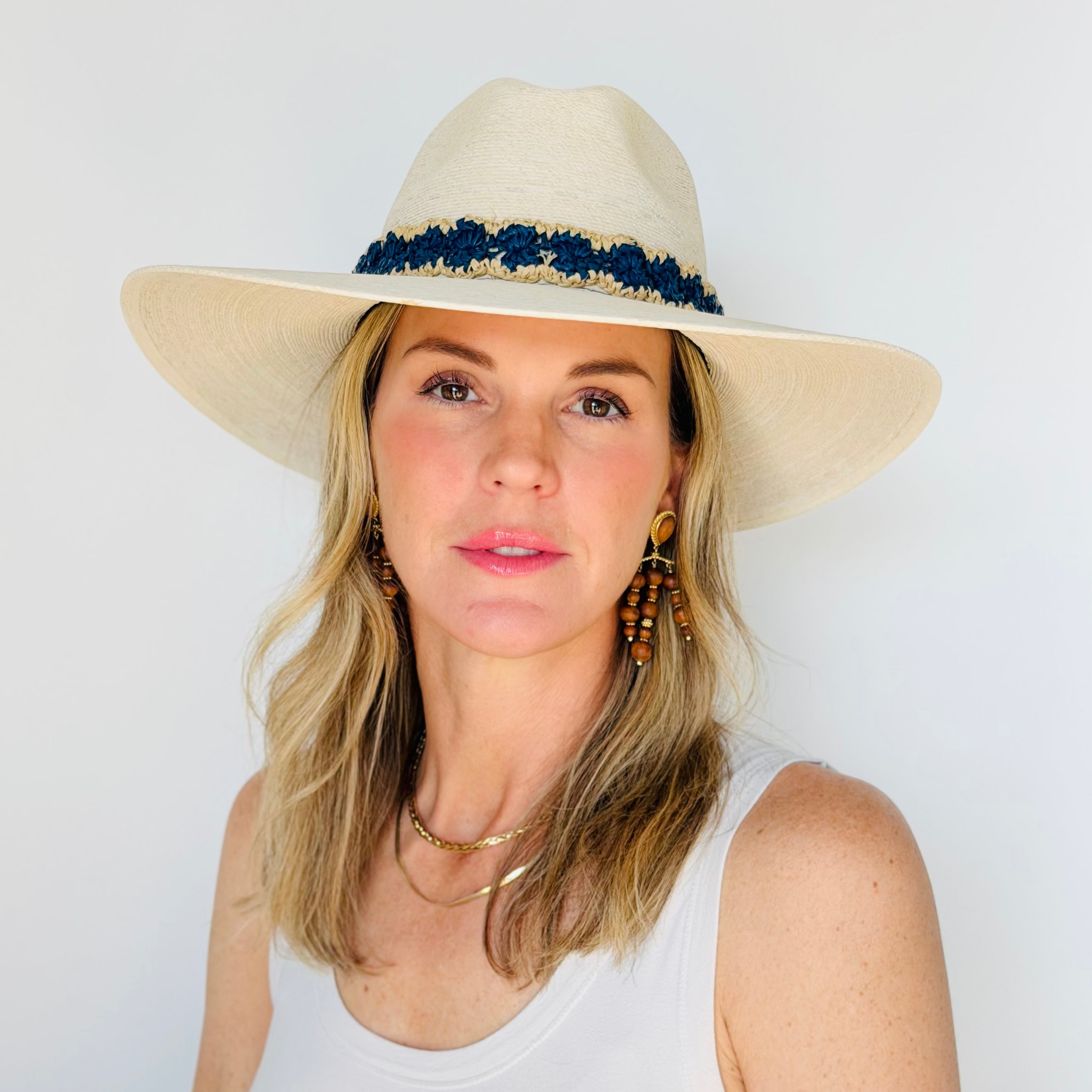 Baldiz Eggshell Palm Hat with Blue Raffia Band