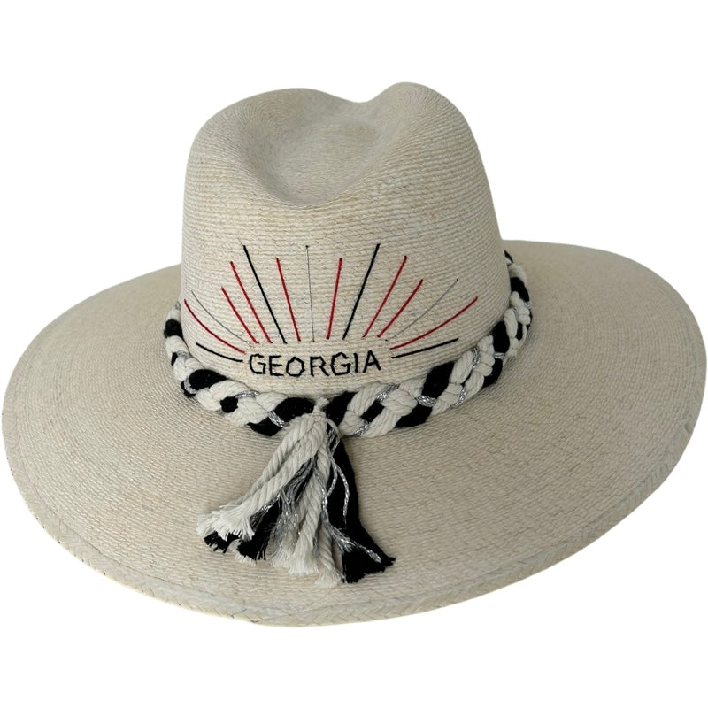 A hat with the word “Georgia” embroidered in purple.