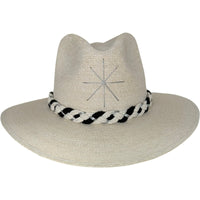 A hat with a braided black and white rope around the middle.