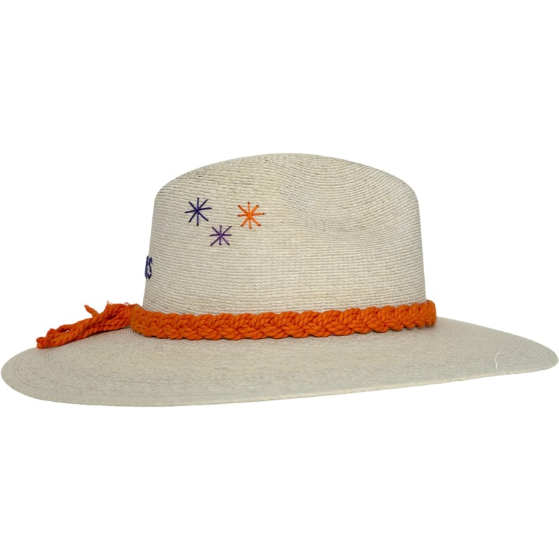 A hat with a braided orange rope around the middle.