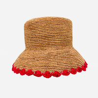 Natural with Red Scallop Beau Raffia Bucket Hat