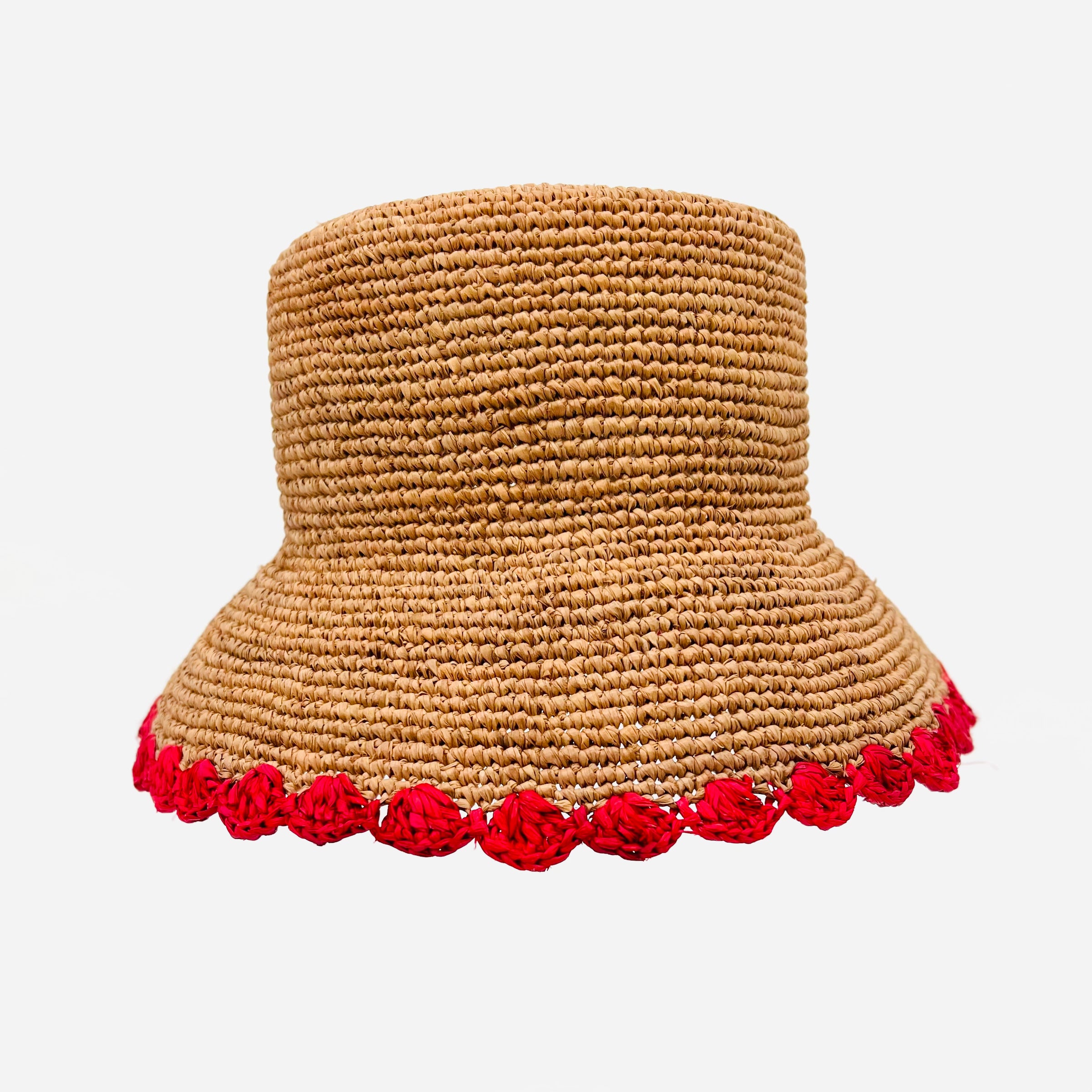 Natural with Red Scallop Beau Raffia Bucket Hat