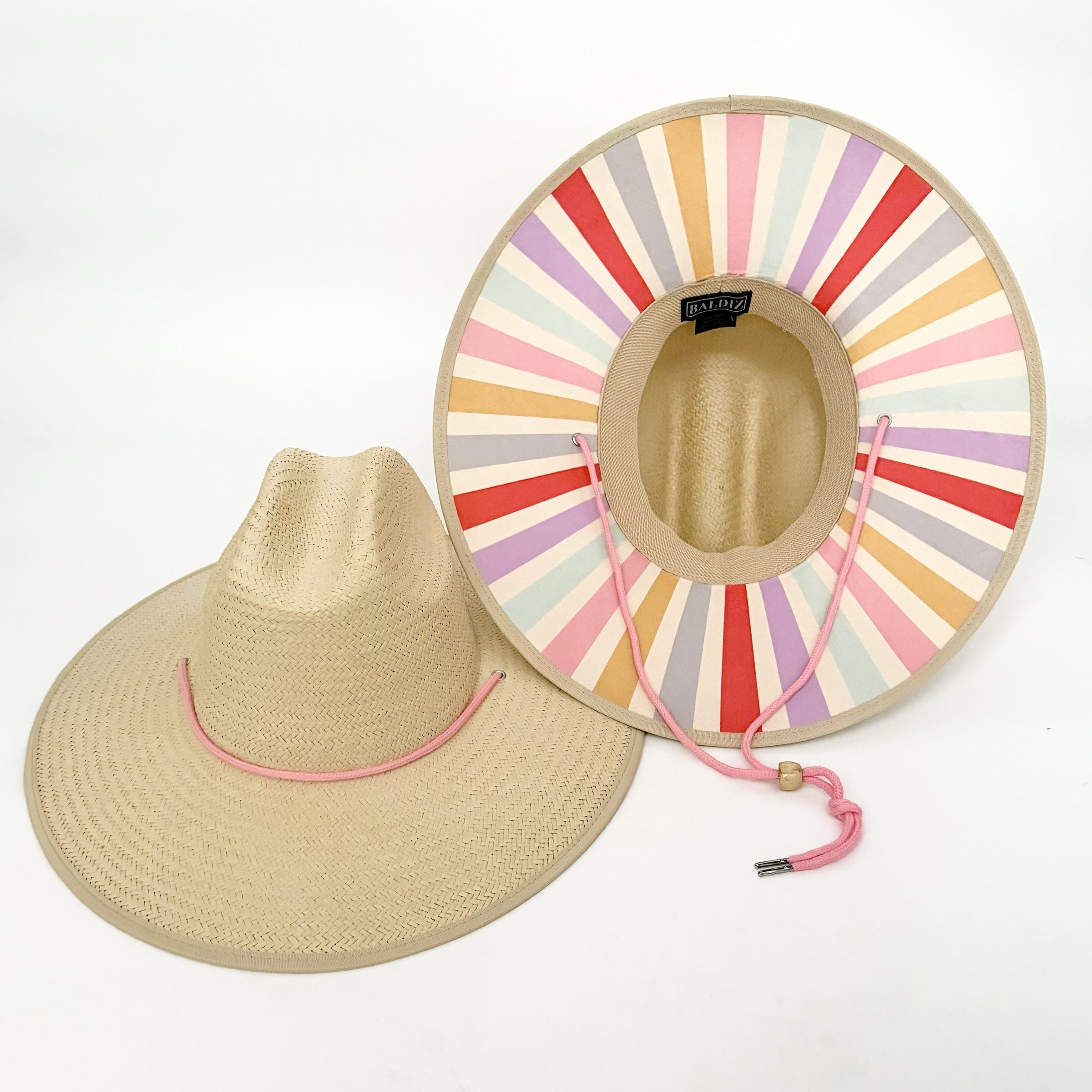 Baldiz Tan Sun Hat with Pastel Rainbow Stripes | Wide Brim Women's Sun Hat with Striped Underbrim