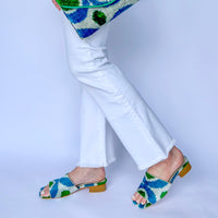 Blue and White with Green Dot Millie Open Toe Slide