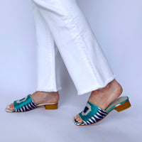 Blue and White Silk Millie Open Toe Slide