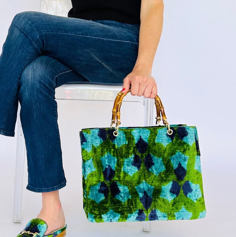 Green and Blue Flower Print Small Avery Bamboo Bag