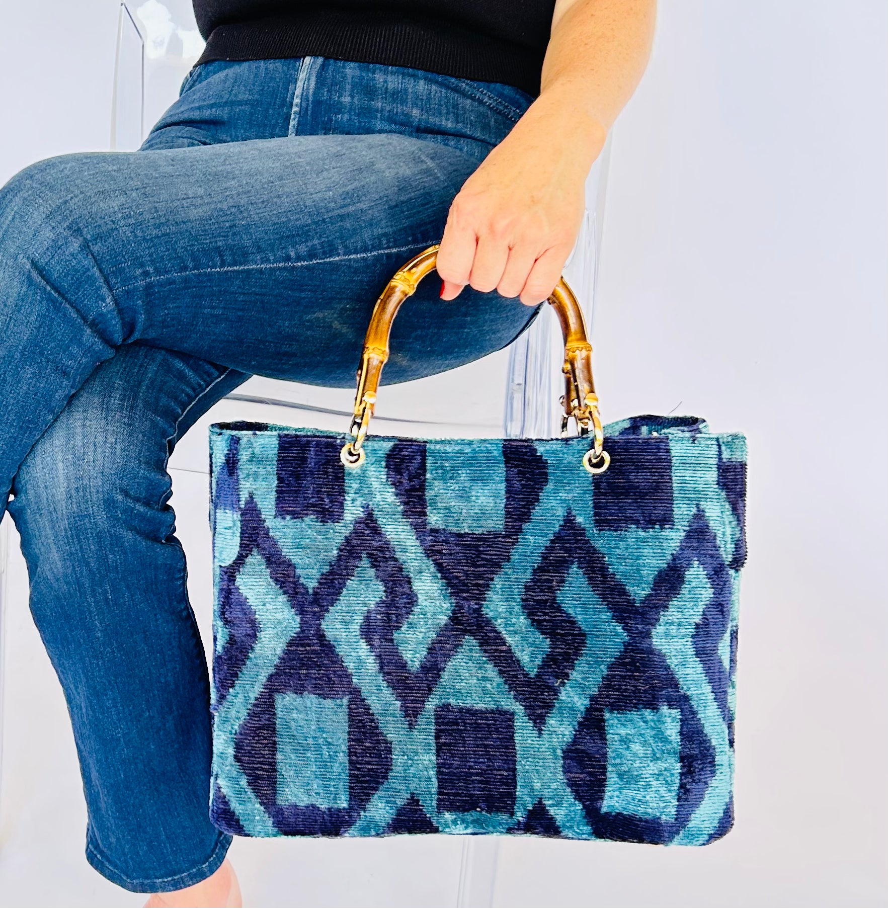 Blue and Navy Print Small Avery Bamboo Bag