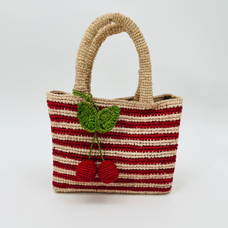 Mini Mae Cherry Red Stripped Raffia Bag