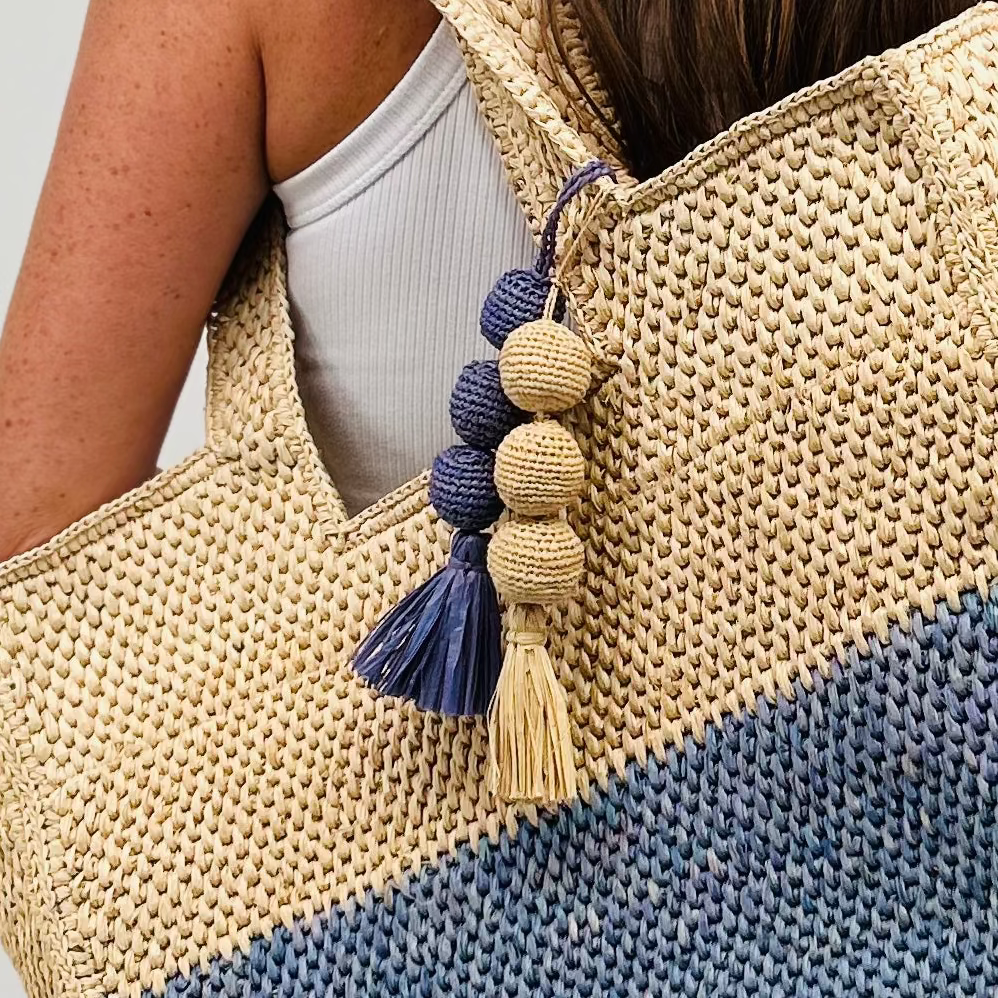 French Blue and Hay Ball Raffia Bag Charm