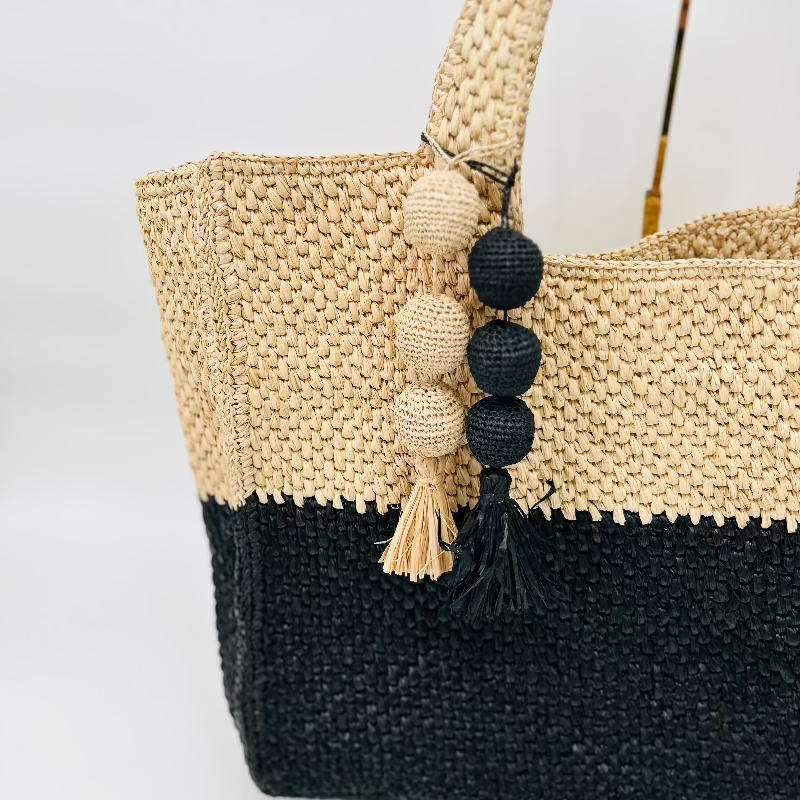 Soleil Black and Hay Raffia Bag