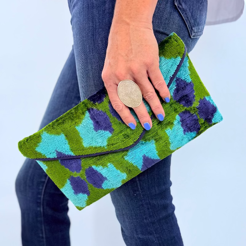 Green and Blue Flower Print Lily Envelope Clutch