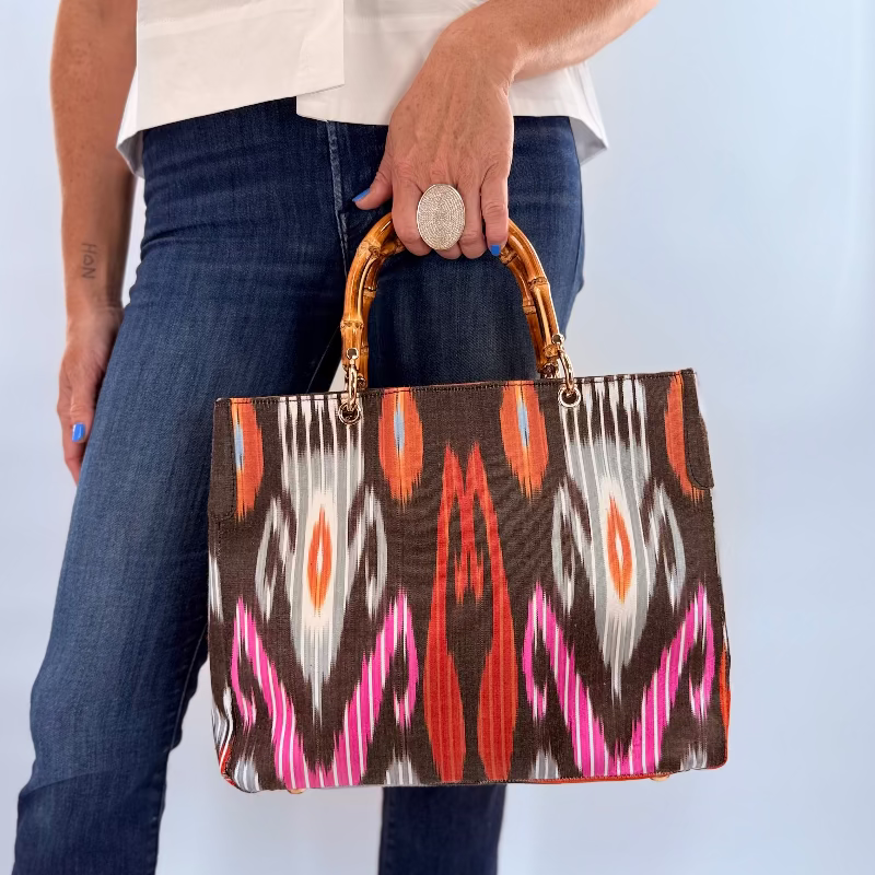 Black with Orange and Purple Pattern Silk Small Avery Bamboo Bag