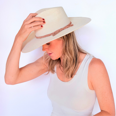 Flared Brim Eggshell Palm Hat with Leather Band