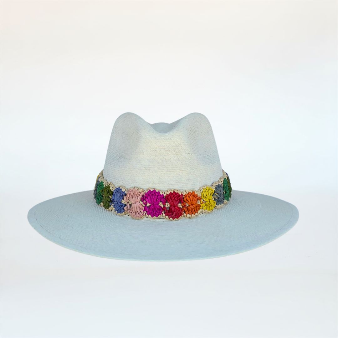Baldiz Palm Hat with Rainbow Raffia Band