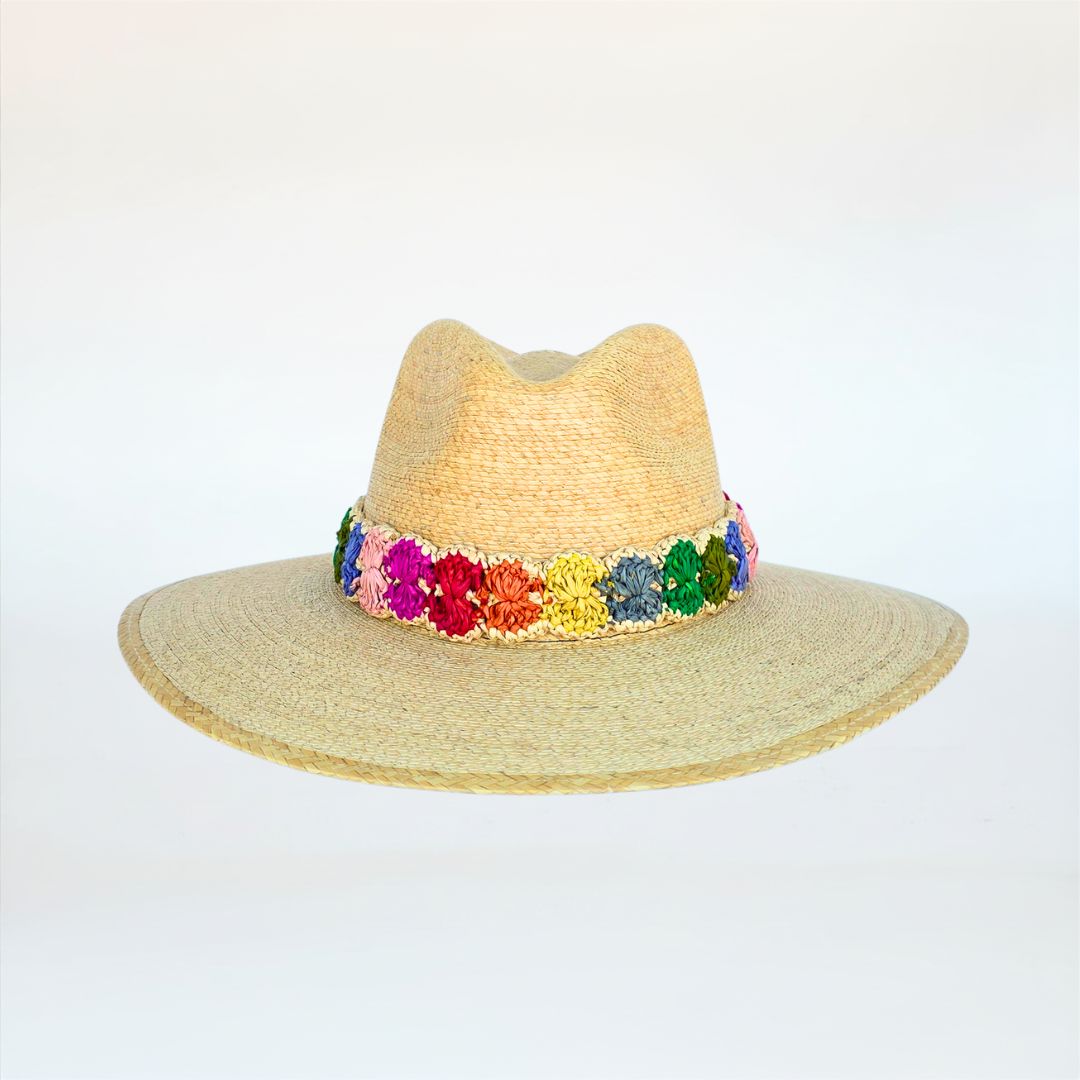 Baldiz Palm Hat with Rainbow Raffia Band