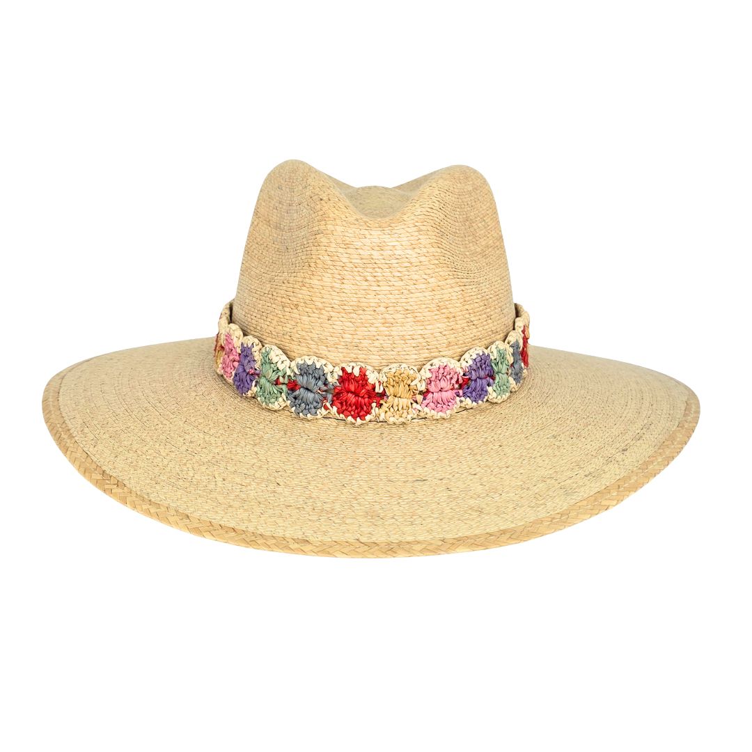 Baldiz Palm Hat with Pastel Rainbow Raffia Band