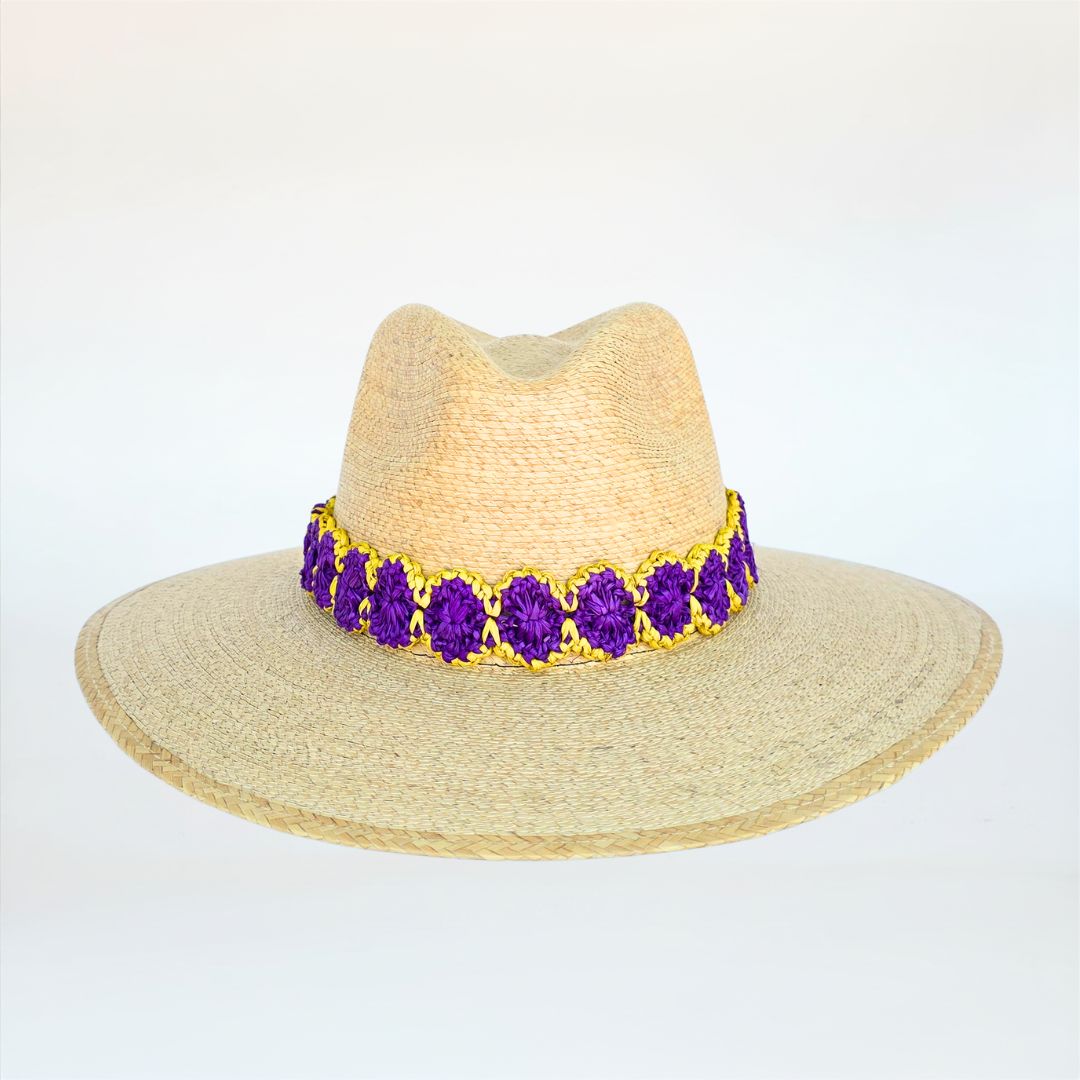 Baldiz Palm Hat with Purple and Gold Raffia Band